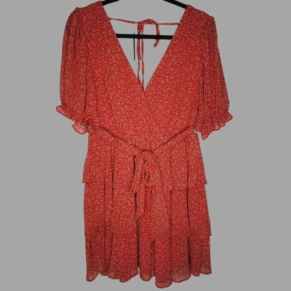 French Kiss Red Boho Floral Ruffle Hem Open Back Wrap Dress Women's Size Large
